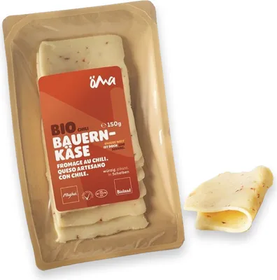 Produktbild von GELBER KÄSE MIT CHILISCHEIBEN  (50 % FETT IN DER TROCKENMATERIAL) 150 g - OMA