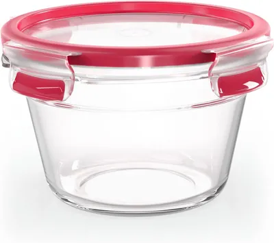 Produktbild von Glasbehälter mit Deckel – Stapelbare Aufbewahrungsboxen – Zur Lebensmittelaufbewahrung – Ofen-, Mikrowellen- und Gefriertauglich – 0,9 Liter – Transparent, rot