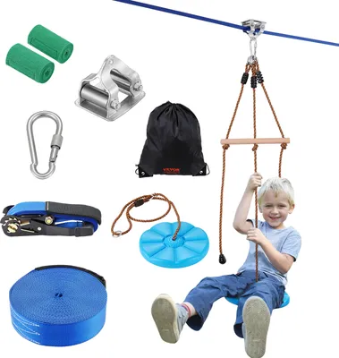 Produktbild von VEVOR Zipline für Kinder & Erwachsene, 16,7 m Zipline-Sets bis zu 150 kg, Seilrutschen für den Außenbereich im Hinterhof, Spielplatzunterhaltung mit Zipline, Nylon-Sicherheitsgurt & Zubehörsatz