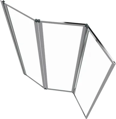 A three-panel folding shower screen for a bathtub, made of glass and metal, presented against a white background.