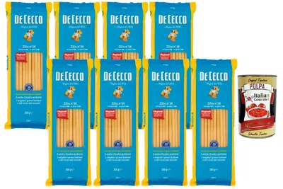 Produktbild von Italian Gourmet De Cecco Pasta Zita N°18 8×500 g Hartweizengrieß italienische Röhrennudeln langsam getrocknet ideal für Ofengerichte & Sugo + Italian Gourmet Polpa 400 g
