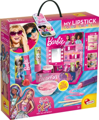 A Barbie-themed makeup kit for children, presented in its retail packaging.
