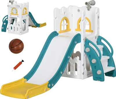 Produktbild von Kinderrutsche, 4 in 1, Kleinkinderrutsche mit Basketballkorb, Teleskop Klettergerüst Gelb 70 x 177 x 92 cm