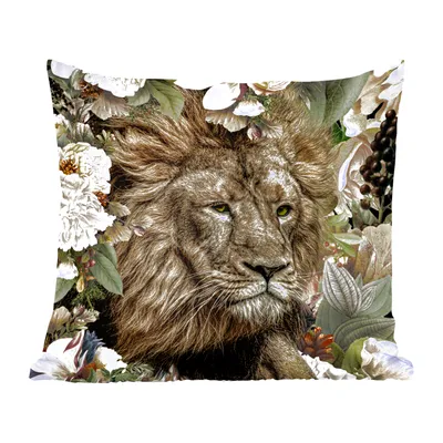 Produktbild von MuchoWow® Zierkissen Sofakissen Wohnzimmer Dekokissen 45x45 cm Löwe - Blumen - Blatt - Schlafpolster - Polster für das Sofa