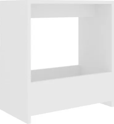 A white, minimalist side table with an open cubby.