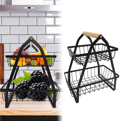 Image de Panier à fruits XMTECH, 2 niveaux, en métal, avec un bol en bois, de couleur noire, stable et portable