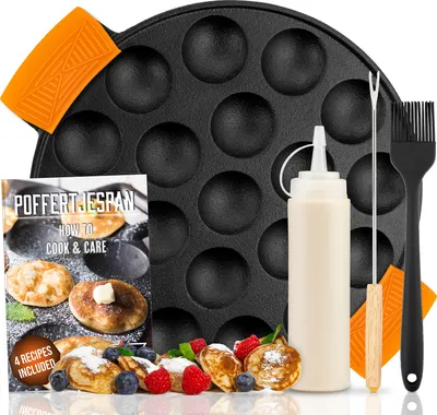 Produktbild von IRONO Poffertjes Pfanne - Poffertjes Maker - 19 Mini Pfannkuchen – Gusseisen Pfannkuchenpfanne - Inkl. Butterpinsel, Wendegabel, Teigflasche, Griffe