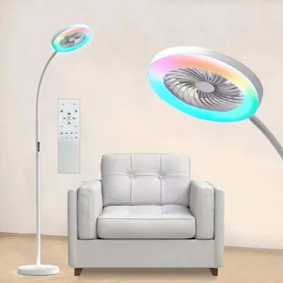 Image de Lampadaire avec ventilateur et télécommande RGBW Dimmable Lampadaire Ventilateur sur pied réglable 3 vitesses de vent, Blanc