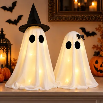 Halloween-Geister-Deko, 2er-Set LED-Leuchtgeister, gruselig