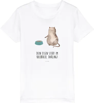 Produktbild von Mr. & Mrs. Panda Kleinkinder T-Shirt Katze Fressen 9-11 Jahre (134/146) - Weiß - Geschenk, Öko Kinder, Kindershirt, Jungen, Teenager, Kleinkind