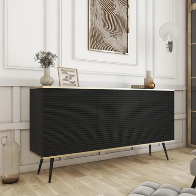 Productafbeelding van Kommode FORNO, zwart, met geribbelde voorkant, Glamour Art Deco stijl, 160 cm breed, zwarte poten