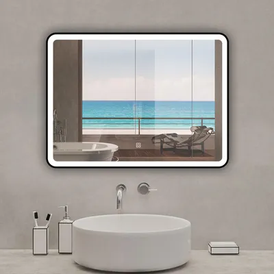 Image de Miroir de salle de bain LED 100x60cm avec cadre noir, tricolore + anti-buée + mémoire + gradation infinie