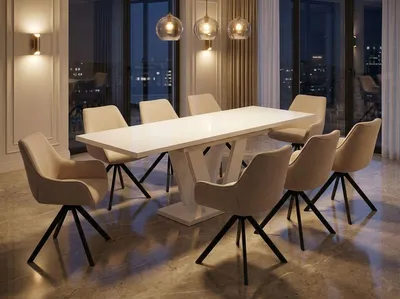 Produktbild von ENDO-Möbel Essgruppe "Lara White" - Esstisch ausziehbar 130-210cm in Kaschmir Beige für 8 Personen mit Stühlen in Leinen-Beige