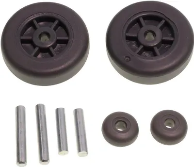 A set of vacuum cleaner brush parts, including wheels and pins, arranged on a white background.