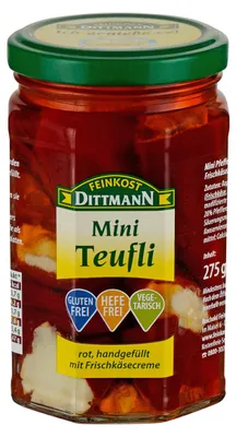 Produktbild von Feinkost Dittmann Mini Teufli rote Pfefferonen Frischkäse Füllung 275g