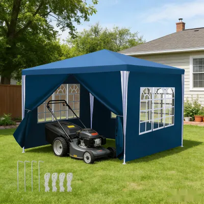 Image de Tente de jardin Vigevee, 3x3 mètres, imperméable, avec parois latérales et fenêtres, idéale pour les fêtes en jardin, les barbecues et les mariages, de couleur bleue
