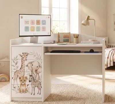 Image de Bureau enfant grand, blanc, 125x60 cm, avec 4 tiroirs, bureau pour garçons et filles, table d'étude et bureau pour ordinateur,Reproductioné avec un motif animalier, productTiles.product.images.aiGenerated