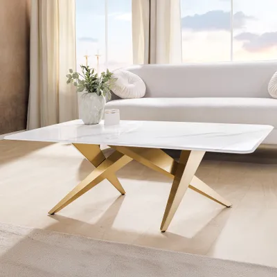 Produktbild von riess-ambiente Moderner Couchtisch ART LIVING 130cm weiß Marmor Keramik champagner gold brushed