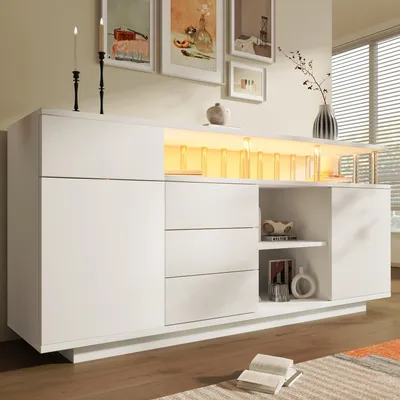 Obrázek produktu pro MODFU Komoda s LED osvětlením, komoda se 4 zásuvkami a 2 dvířky, rozměry 160x40x75 cm, bílá, obývací skříň s akrylovými nožkami a nastavitelnými policemi