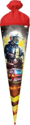 Produktbild von ROTH Schultüte groß Feuerwehrmann 70 cm Folieneffekt rund Rot(h)-Spitze Filzverschluss Zuckertüte Schulanfang