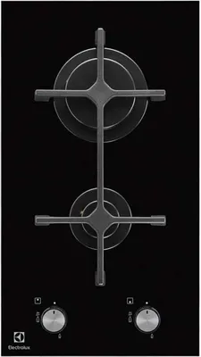 A top-down view of a black gas cooktop with two burners and control knobs.