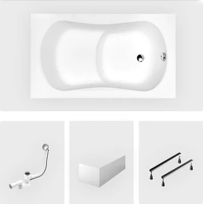 Produktbild von Rechteckige Badewanne - 120 x 70 cm - mit weißer Frontschürze - Füße - Griffe - Chromablauf - ARIA REHAB