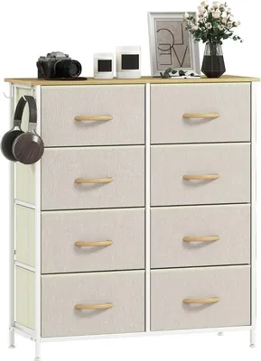 Produktbild von Schlafzimmer-Kommode mit 8 Stoffschubladen, Stahlstreben, Holzoberfläche, 4 Aufbewahrungstaschen, 2 Haken, Beige