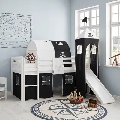 Produktbild von Homestyle4u Hochbett 90x200 Kinder Weiß Pirat Junge mit Tunnel und Turm |Set mit Matratze ® Standard 100 |Kinder Weißbett mit Rutsche|mit Lattenrost Spielbett
