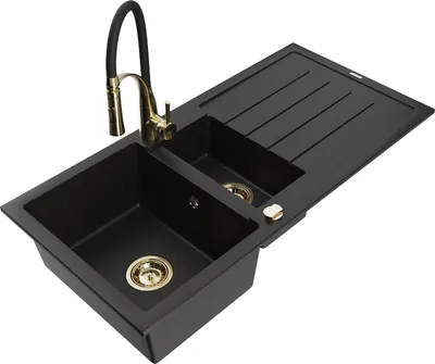Produktbild von Mexen Andres 1,5-Becken-Granitspüle mit Abtropffläche und Mischbatterie Aster, Schwarz - 6515-77-73450-57-G