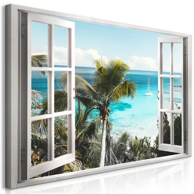 Image de Tableau mural Mega XXXL Fenêtre 250 x 125 cm Impression artistique au format XXL en une seule partie à monter soi-même Tableaux sur toile Tableaux modernes Décoration murale DIY Décoration d'intérieur Mer Plage Île c-C-0411-ak-e