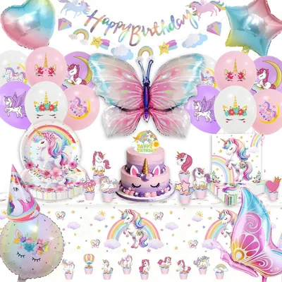 Produktbild von Einhorn Geburtstagsdeko Set für Mädchen mit Girlande, Partygeschirr, Luftballons, Tortendeko, Tischdecke