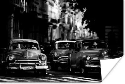 Produktbild von MuchoWow® Poster Kuba - Cadillacs - Oldtimer im Morgenlicht - schwarz und weiß 180x120 cm - Fotoplakat