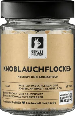 Produktbild von Knoblauchflocken, Knoblauchchips zum Kochen, Knoblauch in Scheiben geschnitten, 55g im Glas