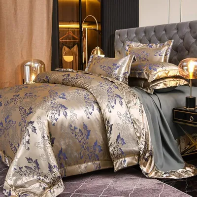 Obrázek produktu pro Běžné prostěradlo 155x220 cm, saténové, zlatá barva, modrý květinový vzor, tkané (jacquard), 2 povlaky na polštáře 80x80 cm
