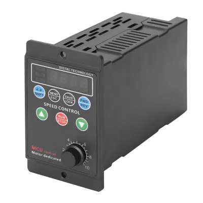 A black motor driver frequency converter with a digital display and control buttons.