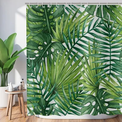 Produktbild von Duschvorhang mit tropischen Blättern, 180 x 200 cm, Duschvorhang mit grünen Palmenblättern und Dschungelmotiven, Badewannenvorhang