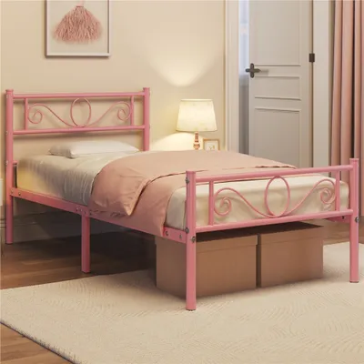 Produktbild von Yaheetech Bettrahmen Metallbett für 90 x 190 cm Matratze Bettgestell aus Metall Gästebett mit Lattenrost Hellrosa