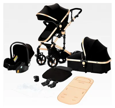 Produktbild von 3 in 1 Kombikinderwagen Hochformat Neugeborenen Faltbar Babywiege (Schwarz Gold)