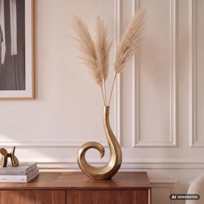 Immagine prodotto di Vaso decorativo FineBuy 47 cm in alluminio dorato a spirale, vaso da fiori moderno, piccolo vaso decorativo stravagante per fiori, vaso da tavolo in alluminio, decorazione per la casa, decorazione da tavola, realizzato a mano, Immagine generata dall'IA