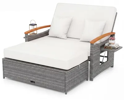 Produktbild von KOMFOTTEU Sonnenliege Rattan, Gartenliege mit Ottomane, Doppelliege mit verstellbarer Rückenlehne & klappbarem Seitenablage, Gartensofa mit Liegefunktion, Sonneninsel mit Stauraum, Balkonmöbel