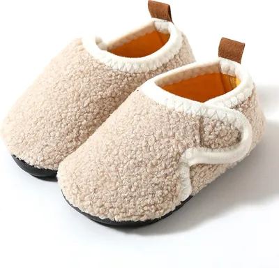 Produktbild von ASKSA Kinder Fleece Futter Hausschuhe Foam Pluesch Baumwolle Pantoffeln Antirutsch Hausschuh, Beige, Groesse: 32-33
