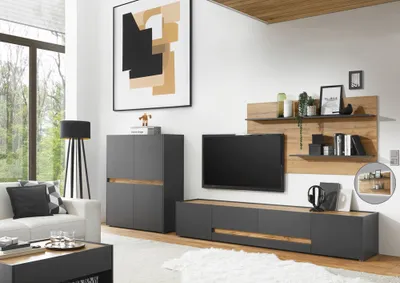 Produktbild von Moderne TV-Wohnwand CRISP-61 in anthrazit mit Absetzungen in Wotan Eiche Nb., B/H/T: ca. 360/180/45 cm