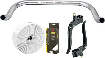 Produktbild von Bullhorn Fixie Singlespeed Lenker silber 440mm, Bremshebel, Lenkerband weiss