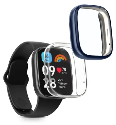Produktbild von kwmobile 2x Silikon Hülle für Xiaomi Redmi Watch 3 Active Schutzhülle - Fullbody Display Cover Set aus Silikon - Transparent Dunkelblau