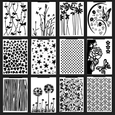 Zdjęcie produktu dla Omgoods - Szablony reliefowe, zestaw 12 sztuk - Szablony z tworzywa sztucznego - Folder do tłoczenia - Materiały do rękodzieła - Scrapbooking - Wysoka jakość (14,5 x 10,5 cm) - Foldery do tłoczenia