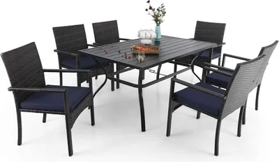Image de MFSTUDIO Ensemble de meubles de jardin en rotin avec table de jardin rectangulaire, 6 chaises, résistant aux intempéries