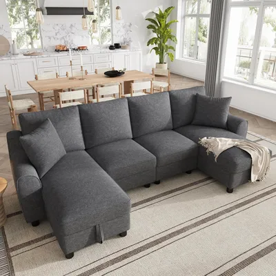 Produktbild von okwish Ecksofa mit zwei Chaiselongues, Wohnzimmersofa mit zwei Kissen, U-Form Sofa mit Stauraum, Schlafsofa Chenille in Grau
