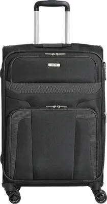A black rolling suitcase is shown from the front against a white background.