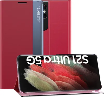 Produktbild von Samsung Galaxy S21 Ultra 5G Hülle, LaimTop Slim Flip Leder Smart View Window Klappetui Schutzhülle mit Standfunktion für Samsung Galaxy S21 Ultra 5G Rot