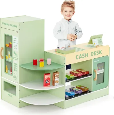 Produktbild von Detský obchod COSTWAY, supermarket s pokladňou, pokladničný automat, drevený obchod, pre deti od 3 do 8 rokov (zelený)